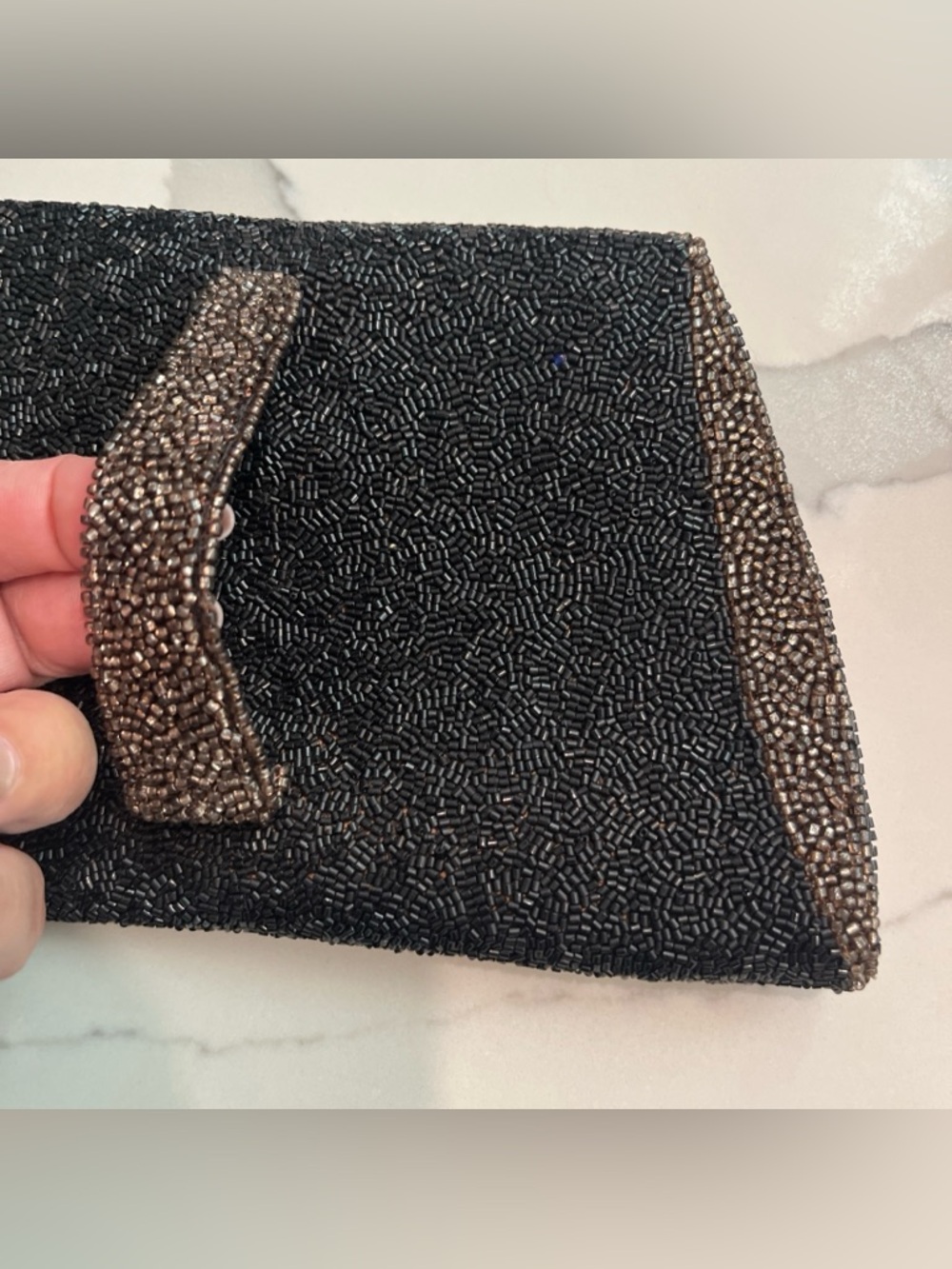 Black Beaded Evening Clutch Brass Color Accents Unique Made in France Chic - Picture 6 of 11